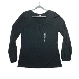 Gap Top Womens XL Black Long Sleeve Keyhole Neck Puff Shoulder 572385-03-1 NWT